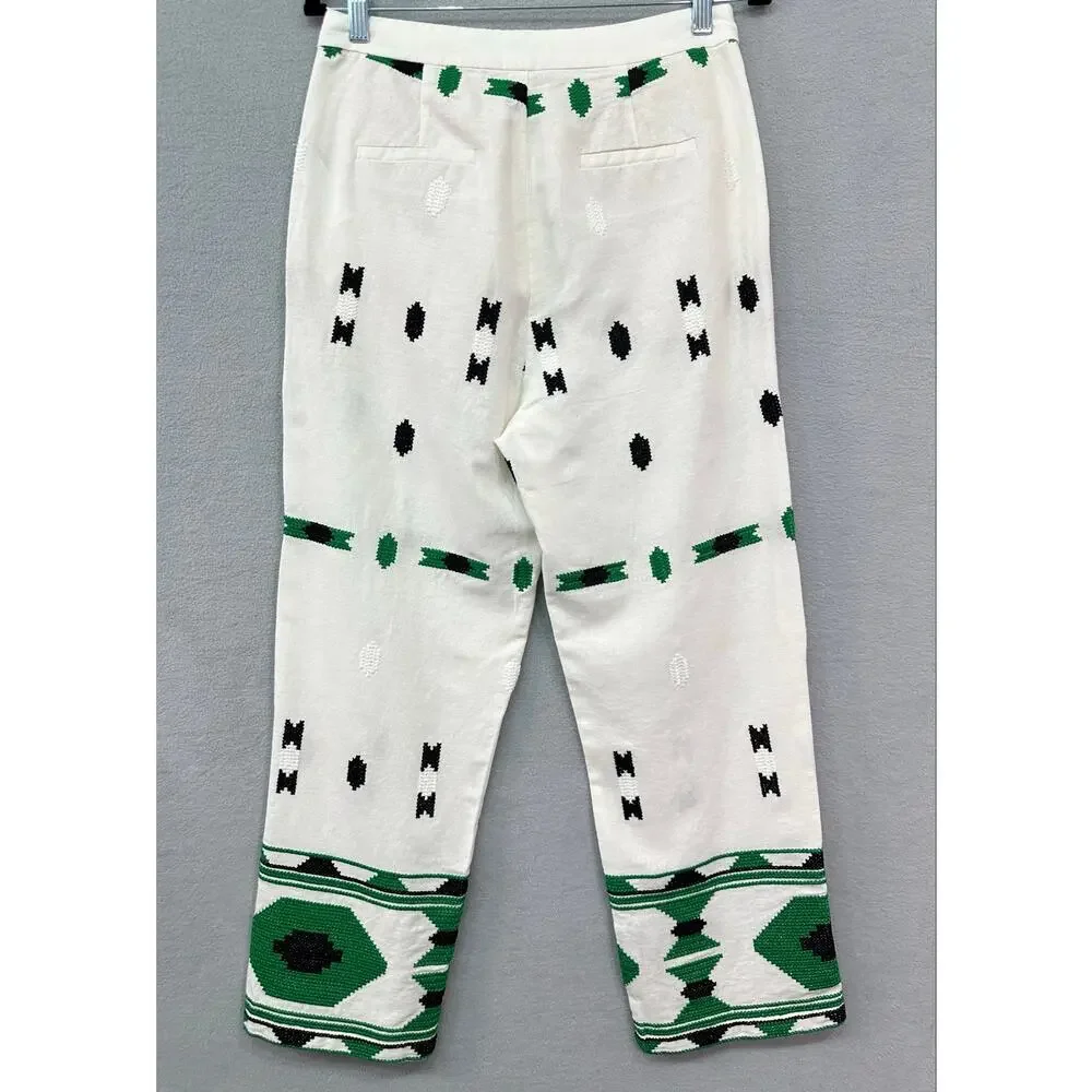 Zara Embroidered Linen Blend Geometric Pants White Green Black M